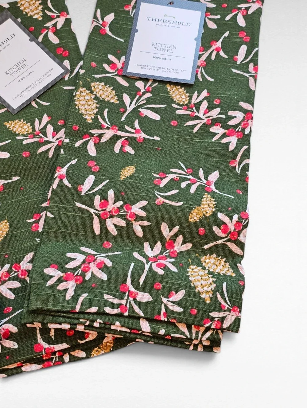 Threshold 3 Pack Cotton Kitchen Towel Green With Winter Berries